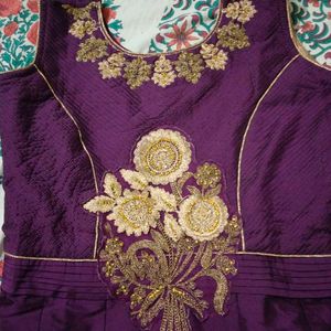 Elegant Purple Gown with Golden Floral Embroidery