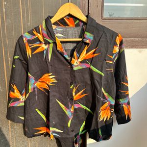 Black Tropical Shirt With Knot For Women