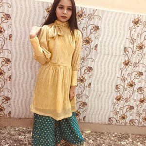 Heavy Worked Plazo And Styish Golden Kurta Set