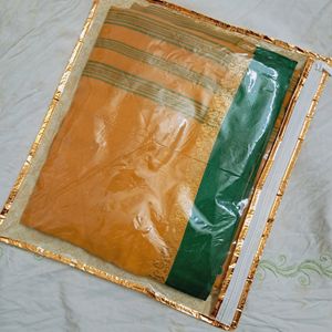 Orange Beautiful Saree - Golden Print Green Strip