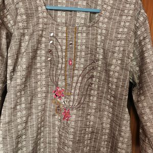 Grey & White Mirror Work Embroidered Kurta (Women)