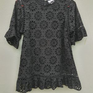 SEED Black Embroidery Lace Cotton Top