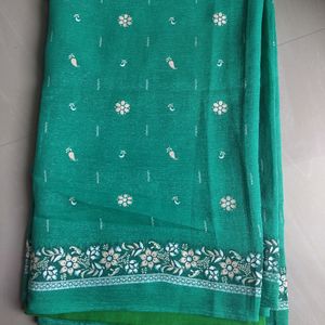 Green And White Printed  Party Wear Saree