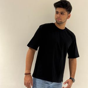 Oversize Round Neck Solid Black Cotton Tshirt