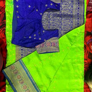 Parrot green saree with designer blouse