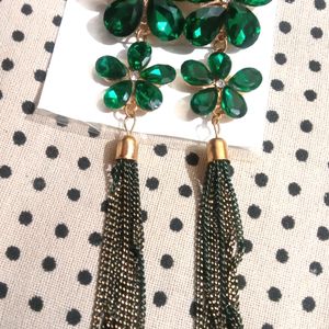 Long Green Stone Earrings With Nail polish