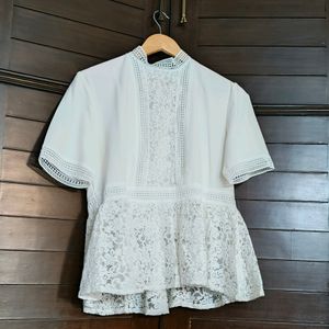 Zara Women White Floral Lace Peplum Style Top