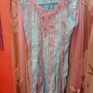 Baby Blue And Pink Embroidered Kurta