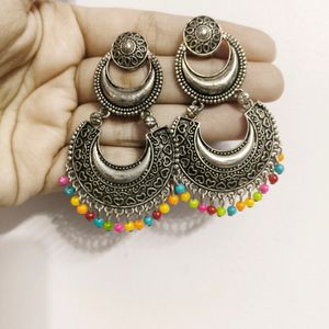 Silver Oxidised Earings With Multicolored Beads