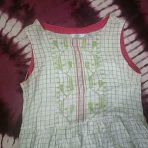 White Cotton Dress With Green And Pink Accent