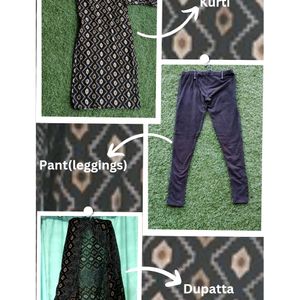Black Printed Cotton Kurti, Pant And Dupatta Set