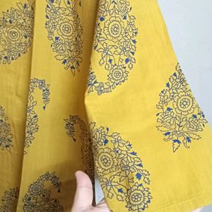 Mustard And Blue Printed Cotton Kurta