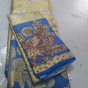 Pure Gold Tissue Saree With Work Blouse