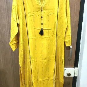 Yellow Gold Stright Silk Blend Cotton Kurti