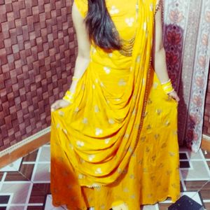 Beautiful Long Dress Yellow Clour Golden Work