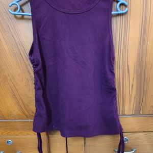 Burgandy Ribbed Sleeves Top With Ruching