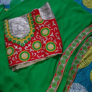 PARROT GREEN SAREE WOTH EMBROIDERY BLOUSE