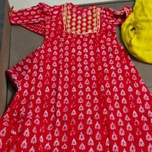 Red Cotton Anarkali Suit 3 Piece Set
