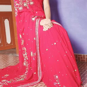 Red Saree With Full Embroidery Design