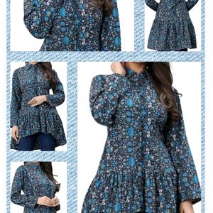 Blue Floral Printed Collared High-low Flared Tunic