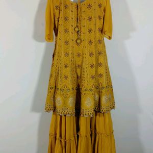 Mustard Yellow Embroidered Kurta Skirt Set(women)