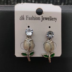 White Rose Earrings With Stone