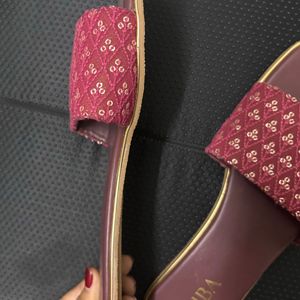 Biba (New) Maroon Embellished Open Toe Flats