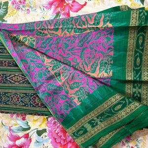 Pure Silk Khandua Ikkat With Beautiful Handblock