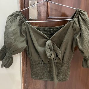 Olive Green Smocked top with tie up Bow