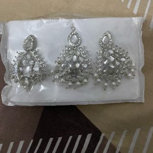 Silver Earrings And Maangtika Set