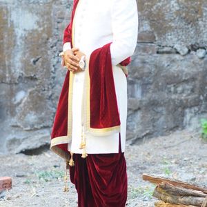 Mens White Sherwani With Red Velvet Dhoti