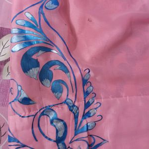 Pink With Blue Fabric Work Synthetic Saree