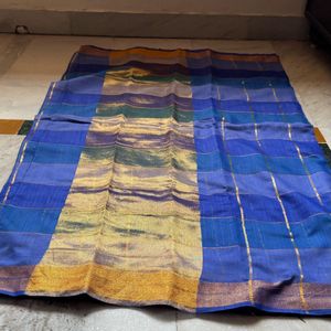 Royal Blue Cotton Silk Checked Design Saree