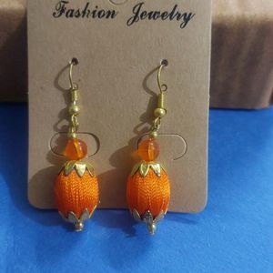 Elegant Orange Silk Thread Bead Earrings