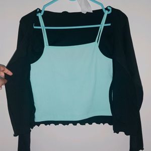 Set Of Tie up Cardigan & cyan top