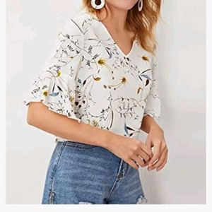 Botanical Print Long-Sleeve Blouse - Size Medium