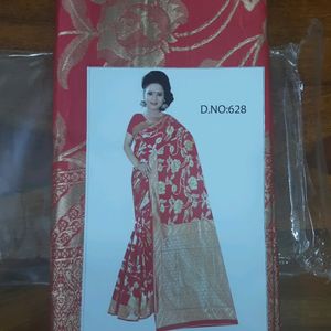 Beautiful Coral Colour Saree With Blouse -new