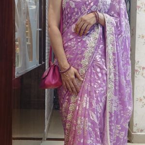 Lavender Heavy Beads Designer Saree(Women's)