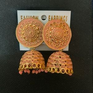 Light Pink And Golden Ethnic Jhumka Earrings