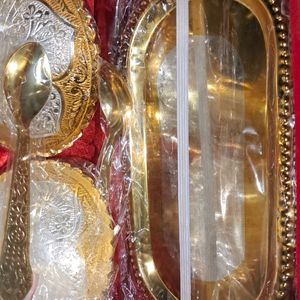 Gold And Silver Tray,Bowls,Spoons Set