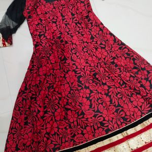 Black & Red Anarkali With Dupatta & Paijama