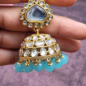 Turquoise Blue Kundan Jhumka Set