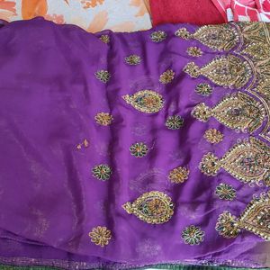 Heavy Purple Saree With Antique Golden Embroidery