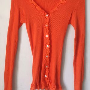 Coral Lace Trimmed Ribbed Top