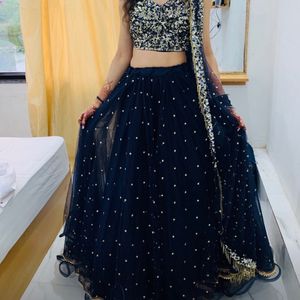 B’ful NavyBlue Lehnga Wid Silvr&blu Sequence Blous