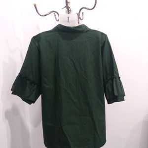 Dark Green Bell Sleeves Designed Collar Top