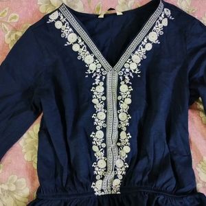 V Neck Navy Blue Cinched Waist Top