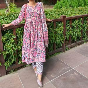 Pink Long Kurta With Pant Dupatta