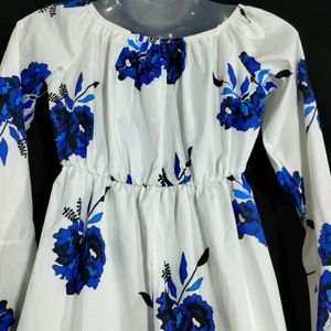 White And Blue Floral Printed Dress (Women)