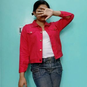 Women Solid Red Denim Jacket L Size